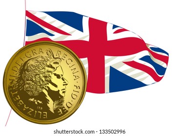 Vector drawing of a British flag and gold coin on a white background.