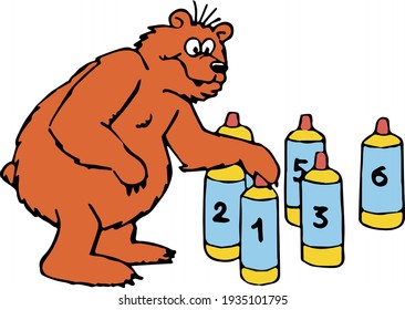Vector drawing of a brown bear looking numbered skittles