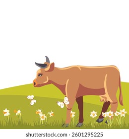 vector drawing brown cow, green hill , butterflies and spring flowers, hand drawn illustration