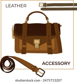 vector drawing of brown leather business bag and two belts