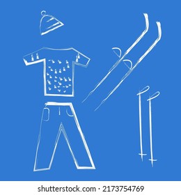 Vector drawing with a brush. Winter skiing stuff. Skis, sweater, hat, ski poles.