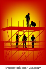 Vector drawing of building structures and worker on dais