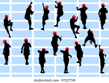 Desenho vetorial das estruturas do edifício e trabalhador no estrado