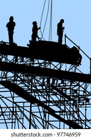 Vector drawing of building structures and worker on dais