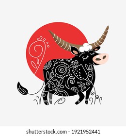 Vector drawing of a bull. Drawing of a cute bull against the background of the red sun.