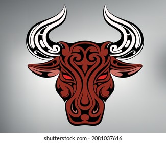 Vector Drawing Bull Head With Red Eyes. Sketch Tribal Bull Tattoo