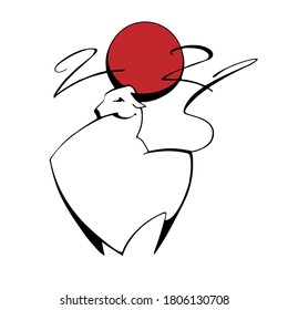 Vector drawing of a bull with a red sunrise, with big horns, linear drawing in retro style, Chinese Happy New Year 2021. logo, poster with the symbol of 2021 bull, buffalo, cow. Lunar horoscope sign.