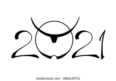 Vector drawing of a bull with a red sunrise, with big horns, linear drawing in retro style, Chinese Happy New Year 2021. logo, poster with the symbol of 2021 bull, buffalo, cow. Lunar horoscope sign.