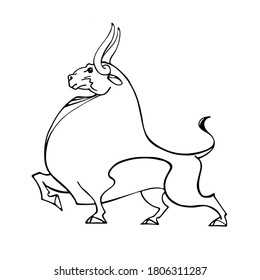 Vector drawing of a bull with a red sunrise, with big horns, linear drawing in retro style, Chinese Happy New Year 2021. logo, poster with the symbol of 2021 bull, buffalo, cow. Lunar horoscope sign.