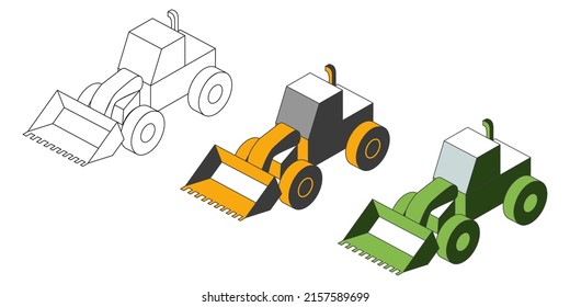 Vector Drawing Of A Bulldozer. A Set Of White, Yellow, Green Bulldozer In Isometry.