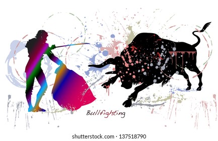 A vector drawing of bullfighter against the huge bull.