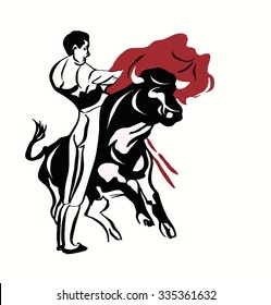 vector drawing of bullfighter against the huge bull.