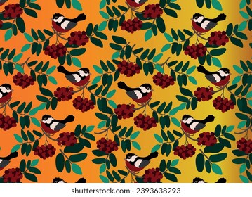 Vector drawing of a bullfinch on a branch with berries. Pattern for printing and textiles and packaging.