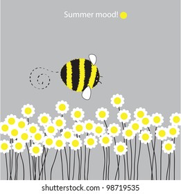 Vector drawing. Bumblebee flies over the blooming daisies. / Summer mood.