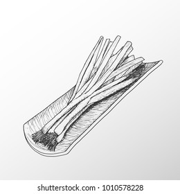 Vector drawing of a bunch of calçots with roof tile. Scallions.