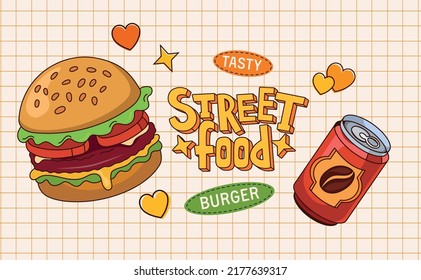 Vector drawing of burger in bright colors on a light background. Text block with sticker in retro style. Freehand drawings on the background.