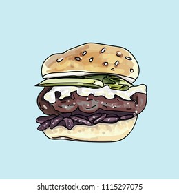 Vector drawing of burger on pastel background.
