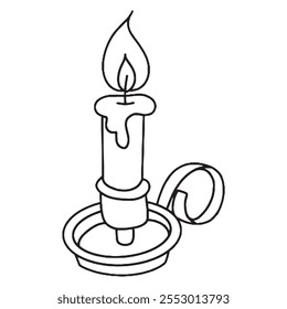 Vector drawing. Burning candle in a vintage candlestick. Coloring book