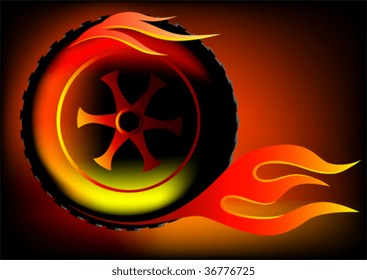 Vector drawing burning wheel. Fast driving and fire