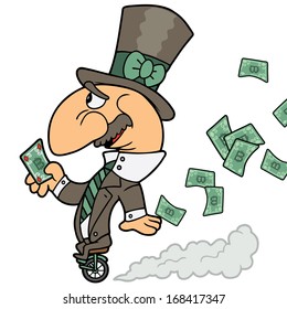 Vector drawing of a business man character on a monocycle and money flying all over