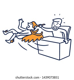 Vector drawing of a business man packing an angel by the hair. Kairos is the Greek god of fortune and must be tamed. The office boy takes the opportunity. Cartoon, line, isolated.