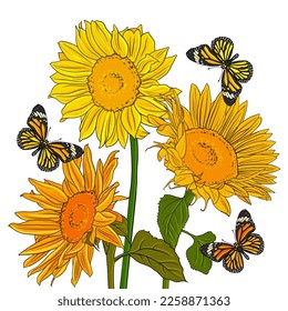 vector drawing butterflies and flowers, yellow sunflowers, floral background, hand drawn natural illustration