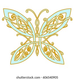 Vector drawing of a butterfly in a Celtic style. Color picture with a stroke, isolated image on a white background.