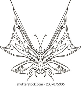 Vector drawing of a butterfly. Symmetrical line art. Summer insect for coloring.