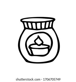 Vector drawing by hand of an aroma lamp with a burning candle. On the topic of stay at home, Covid-19, home elements and activities. Doodle. Isolated on a white background.
