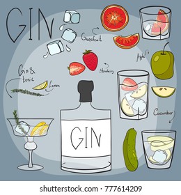 Vector. Drawing By Hand. Bottle Is Transparent With Gin. Glasses For Vodka And A Glass. Ingredients For Cocktails