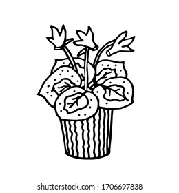 Vector drawing by hand of a home plant in a pot. Blooming cyclamen. On the topic of stay at home, Covid-19, home elements and activities. Doodle. Isolated on a white background.