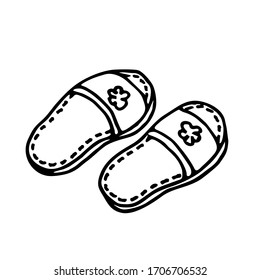 Vector drawing by hand of house Slippers. On the topic of stay at home, Covid-19, home elements and activities. Doodle. Isolated on a white background.