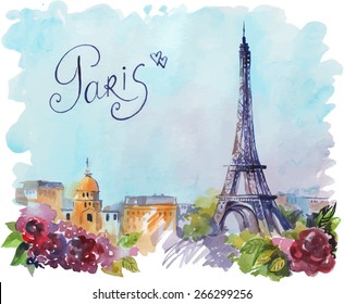 vector drawing by hand on wright paper beautiful background with Paris. Watercolor illustration with Eiffel Tower, view of the city with high and many beautiful flowers. inscription by hand.