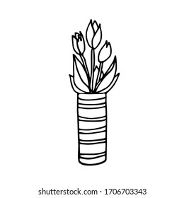 Vector drawing by hand of tulips in a vase. On the topic of stay at home, Covid-19, home elements and activities. Doodle. Isolated on a white background.