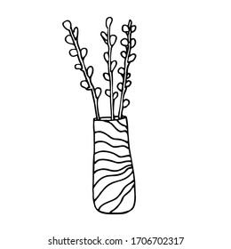Vector drawing by hand of a willow in a vase. On the topic of stay at home, Covid-19, home elements and activities. Doodle. Isolated on a white background.