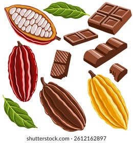 vector drawing cacao fruits and chocolate isolated at white background, hand drawn illustration