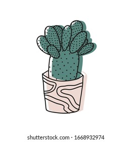 Vector drawing of cactus with dots in pink pot. Potted plant. Botanical illustration. Cacti, succulent, nature, opuntia.