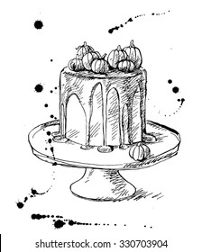 Vector drawing of cake with pumpkins for Halloween