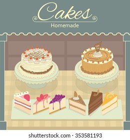 Dibujo de Vector de la exhibición casera de los pasteles para el escaparate en la tienda del café de la panadería.