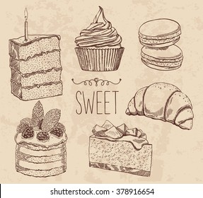 Vector Drawing Cakes, Sweets, Bakery, Dessert. Vintage Style. Muffins, Macaroon, Croissant, Cheese Cake. Engraving