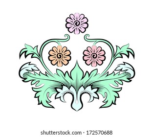 Vector drawing with calligraphic design elements. Flowers and foliature.