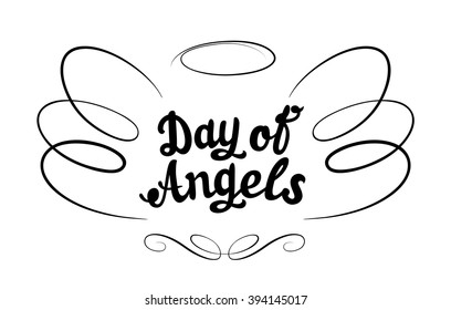 Vector drawing of calligraphic stylized two wings. Lettering. Day of Angels. Linear design elements. Vintage style.