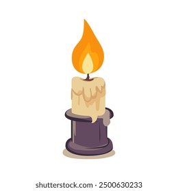 Vector drawing of candle holder with burning candle. Halloween elements in flat shape. Halloween illustration on white background. Design elements for logos, badges, banners, labels, posters