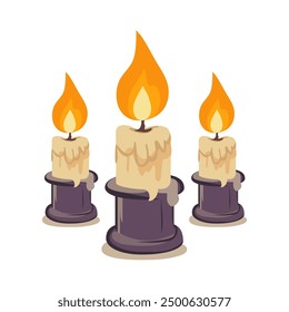 Vector drawing of candlesticks icons with burning candles. Elements of Halloween in flat form. Halloween illustration on white background. Design elements for logos, badges, banners, labels, posters