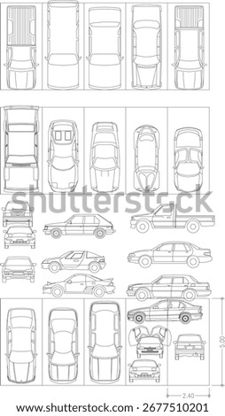 Vector Drawing of Car Shapes and Parking Dimensions for Interior Design and Architecture