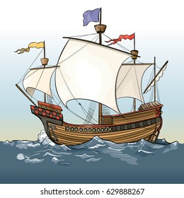 Vector drawing of a / Caravel Ship / Easy to edit coups and layer objects, easy to colorize add content to the sails etc. No effects meshes or gradients used. 