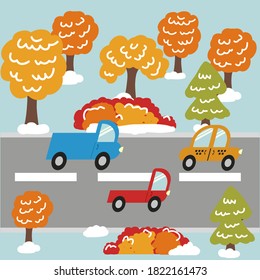 Vector drawing of cars on the way along the road along the forest, trees in flat design. Road, driving, transportation in cartoon style.