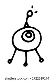 vector drawing of a cartoon alien a round body with one eye on three legs with an antenna giving a signal a black outline in the style of a doodle on a white background for a children's game design te