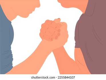 Vector drawing cartoon in arm wrestling, powerful handshake. Muscular strong people, men, male. Two muscular arms that are wrestling.