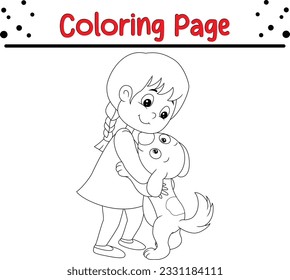 vector drawing of cartoon baby girl and dog. Black and white vector illustration of animals. Coloring Book for children.